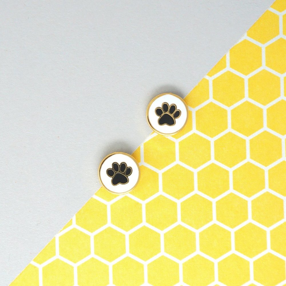 Handcrafted Black Round Paw Enamel Stud Earrings
